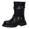 Round Toe Decorated Buckle Straps Low Heels Motorcycle Riding Boot - Black Faux Leather