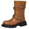 Round Toe Decorated Buckle Straps Low Heels Motorcycle Riding Boot - Brown Faux Leather