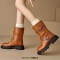 Round Toe Decorated Buckle Straps Low Heels Motorcycle Riding Boot - Brown Faux Leather