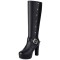 Round Toe Knee Highs Cuban Heels Side Zipper Punk Goth Buckle Straps Platforms Boots - Black Faux Leather