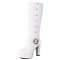 Round Toe Knee Highs Cuban Heels Side Zipper Punk Goth Buckle Straps Platforms Boots - White Faux Leather