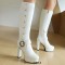 Round Toe Knee Highs Cuban Heels Side Zipper Punk Goth Buckle Straps Platforms Boots - White Faux Leather