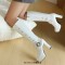 Round Toe Knee Highs Cuban Heels Side Zipper Punk Goth Buckle Straps Platforms Boots - White Faux Leather