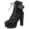 Round Toe Ankle Highs Cuban Heels Rivet Decorated Platforms Punk Goth Buckle Straps Boots - Black Faux Leather