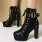 Round Toe Ankle Highs Cuban Heels Rivet Decorated Platforms Punk Goth Buckle Straps Boots - Black Faux Leather