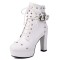 Round Toe Ankle Highs Cuban Heels Rivet Decorated Platforms Punk Goth Buckle Straps Boots - White Faux Leather