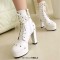 Round Toe Ankle Highs Cuban Heels Rivet Decorated Platforms Punk Goth Buckle Straps Boots - White Faux Leather