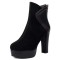 Round Toe Ankle Highs Cuban Heels Back Zipper Winter Platforms Boots - Black Flock