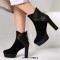 Round Toe Ankle Highs Cuban Heels Back Zipper Winter Platforms Boots - Black Flock