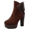 Round Toe Ankle Highs Cuban Heels Back Zipper Winter Platforms Boots - Brown Flock