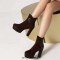 Round Toe Ankle Highs Cuban Heels Back Zipper Winter Platforms Boots - Brown Flock