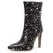 Pointed Toe Stiletto Heels Ankle Highs Zipper Stars Printed Booties - Black Faux Leather