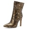 Pointed Toe Stiletto Heels Ankle Highs Zipper Stars Printed Booties - Gold Faux Leather