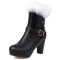 Round Toe Fluffy Fur Winter Ankle Highs Platforms Chunky Heels Boots - Black Faux Leather