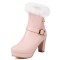 Round Toe Fluffy Fur Winter Ankle Highs Platforms Chunky Heels Boots - Pink Faux Leather