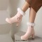 Round Toe Fluffy Fur Winter Ankle Highs Platforms Chunky Heels Boots - Pink Faux Leather