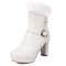 Round Toe Fluffy Fur Winter Ankle Highs Platforms Chunky Heels Boots - White Faux Leather