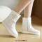 Round Toe Sweet Waterproof Ribbon Decorated Lolita Ankle Highs Flats Boots - White Faux Leather