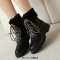 Round Toe Lace Up Fluffy Fur Winter Ankle Highs Boots - Black Faux Leather