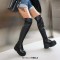 Round Toe Ovet The Knees Thigh High Platforms Wedges Boots - Black Faux Leather