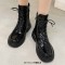Round Toe Classic Ankle Highs Autumn Winter Motorcycle Riding Boots - Black Patent