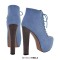 Round Toe Block Chunky Heels Platforms Ankle Highs Lace Up Booties - Blue Flock