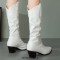 Pointed Toe Chunky Heels Knee Highs Long Party Boots - White Faux Leather