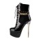 Round Toe Transparent Stiletto Heels Platforms Metal Chain Zipper Booties - Black Patent