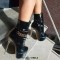 Round Toe Transparent Stiletto Heels Platforms Metal Chain Zipper Booties - Burgundy Patent