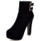 Round Toe Cuban Block Heels Platforms Ankle Highs Decorated Buckle Straps Boots - Black Flock