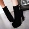 Round Toe Cuban Block Heels Platforms Ankle Highs Decorated Buckle Straps Boots - Black Flock