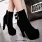 Round Toe Cuban Block Heels Platforms Ankle Highs Decorated Buckle Straps Boots - Black Flock