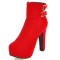 Round Toe Cuban Block Heels Platforms Ankle Highs Decorated Buckle Straps Boots - Red Flock
