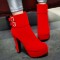 Round Toe Cuban Block Heels Platforms Ankle Highs Decorated Buckle Straps Boots - Red Flock