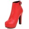 Round Toe Cuban Block Heels Platforms Ankle Highs Decorated Buckle Straps Boots - Red Faux Leather