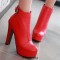 Round Toe Cuban Block Heels Platforms Ankle Highs Decorated Buckle Straps Boots - Red Faux Leather