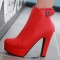 Round Toe Cuban Block Heels Platforms Ankle Highs Decorated Buckle Straps Boots - Red Faux Leather