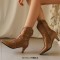 Pointed Toe Kitten Heels Ankle Highs Vintage Style Short Boots - Brown Faux Leather