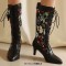 Pointed Toe Kitten Heels Knee Highs Flower Decorated Vintage Style Short Boots - Black Faux Leather
