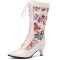 Pointed Toe Kitten Heels Knee Highs Flower Decorated Vintage Style Short Boots - White Faux Leather