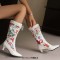Pointed Toe Kitten Heels Knee Highs Flower Decorated Vintage Style Short Boots - White Faux Leather