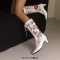 Pointed Toe Kitten Heels Knee Highs Flower Decorated Vintage Style Short Boots - White Faux Leather