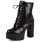 Square Toe Lace Up Platforms Crocodile Pattern Chunky Heels Ankle Highs Boots - Black Faux Leather