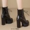 Square Toe Lace Up Platforms Crocodile Pattern Chunky Heels Ankle Highs Boots - Black Faux Leather
