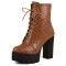 Square Toe Lace Up Platforms Crocodile Pattern Chunky Heels Ankle Highs Boots - Brown Faux Leather