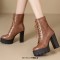 Square Toe Lace Up Platforms Crocodile Pattern Chunky Heels Ankle Highs Boots - Brown Faux Leather