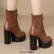 Square Toe Lace Up Platforms Crocodile Pattern Chunky Heels Ankle Highs Boots - Brown Faux Leather