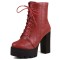 Square Toe Lace Up Platforms Crocodile Pattern Chunky Heels Ankle Highs Boots - Wine Red Faux Leather
