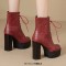 Square Toe Lace Up Platforms Crocodile Pattern Chunky Heels Ankle Highs Boots - Wine Red Faux Leather