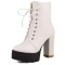 Square Toe Lace Up Platforms Crocodile Pattern Chunky Heels Ankle Highs Boots - White Faux Leather
